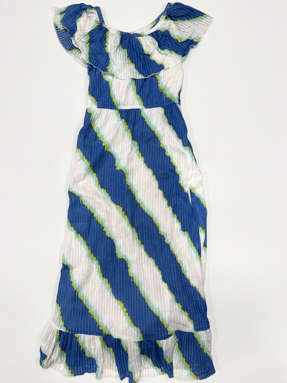 MICHAEL Michael Kors Striped Maxi Dress Blue White Green Ruffle Hem S/P